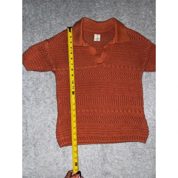 Joie Short Sleeve Open Knit Polo XS Rust Orange Earthy Pointelle Sweater - Picture 5 of 10